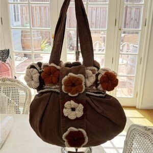Brown Floral Crochet Accent Corduroy Tote Bag